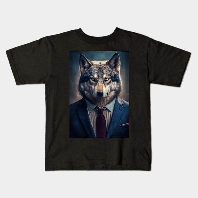 Distinguished Wolf portrait wearing a nice suit Kids T-Shirt by KoolArtDistrict